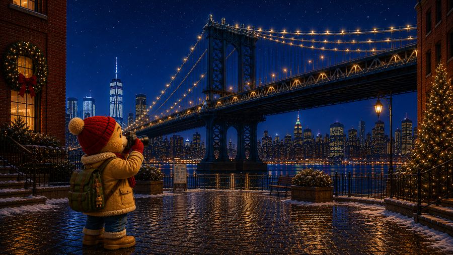 Fred Bear photographing the Brooklyn Bridge at night