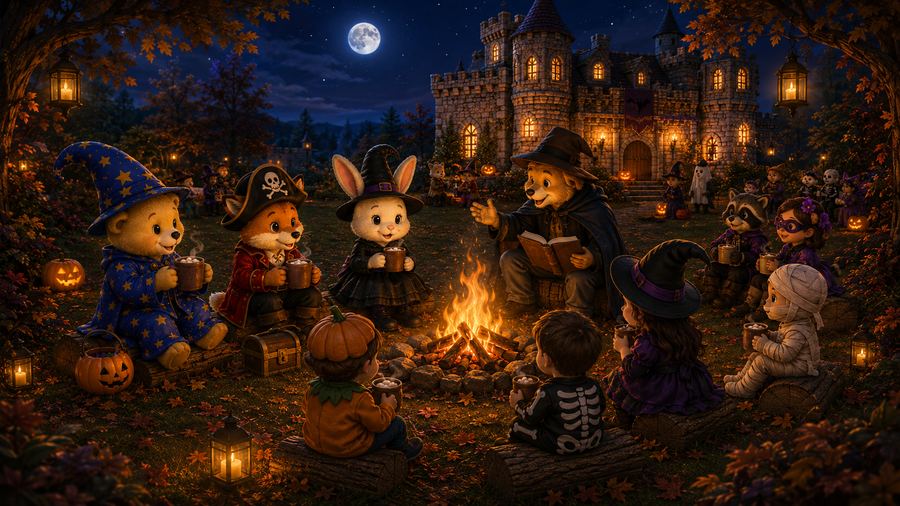 Fred Bear and friends around a campfire at a Halloween castle